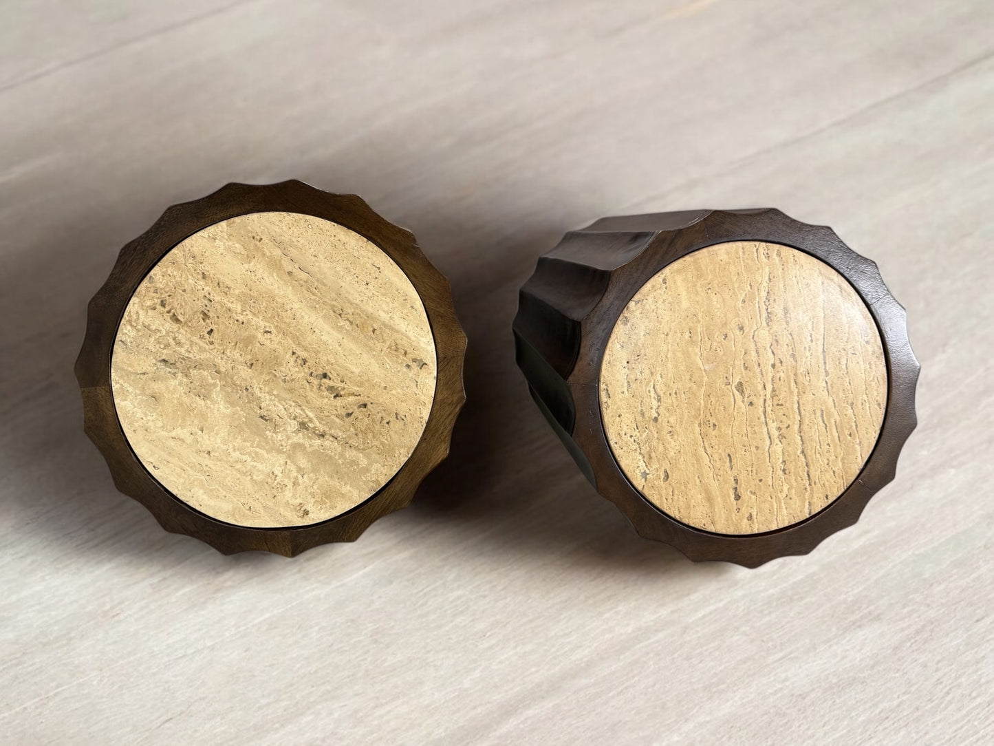 Solid Mango Wood & Natural Travertine Stone Topped Side Tables