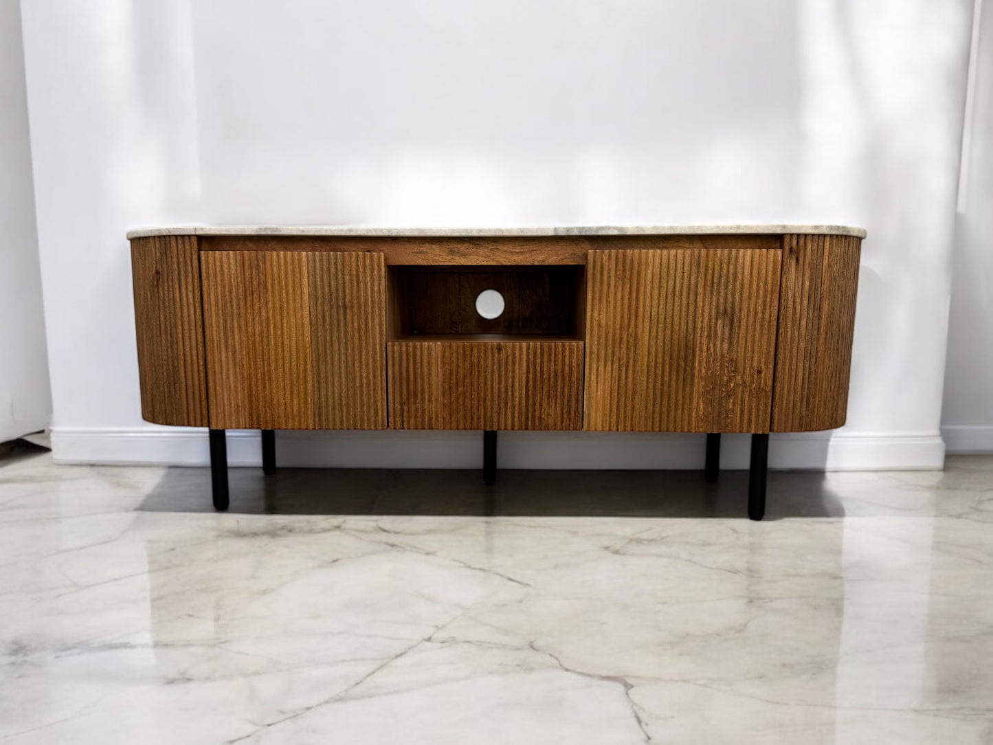 Solid Mango Wood & Luxurious White & Grey Mottled Marble Topped Large TV Unit