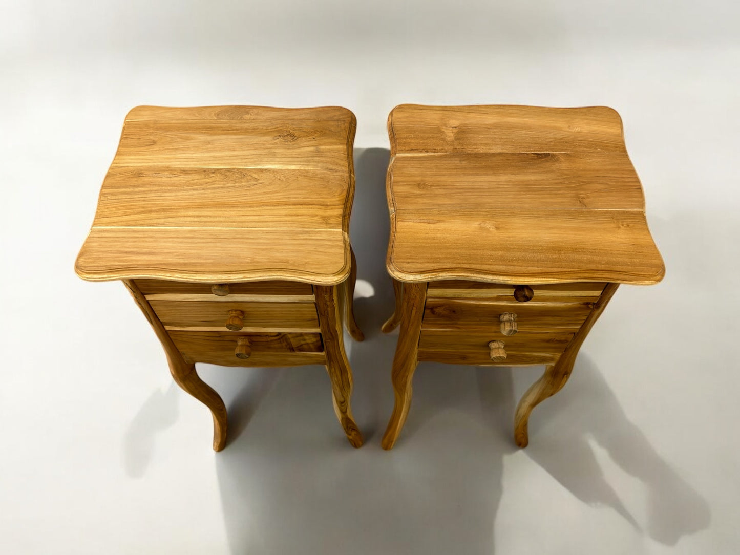 Solid Oiled Teak Wood 3 Drawer Bedside Tables/ Side Tables/ Lamp Tables