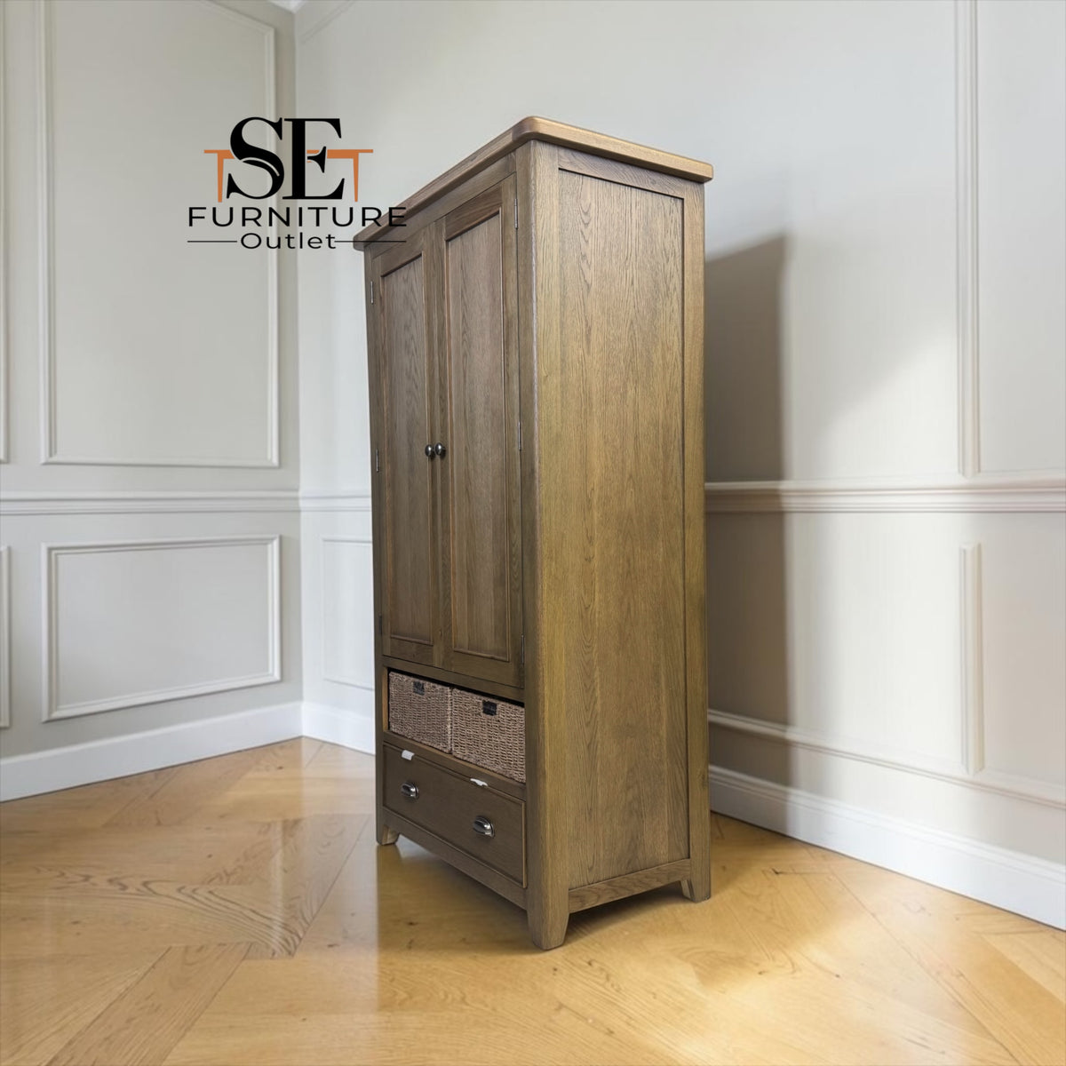 Chunky Smoked Solid Oak Double Larder with Rounded Corners and Storage Baskets, RRP £1299