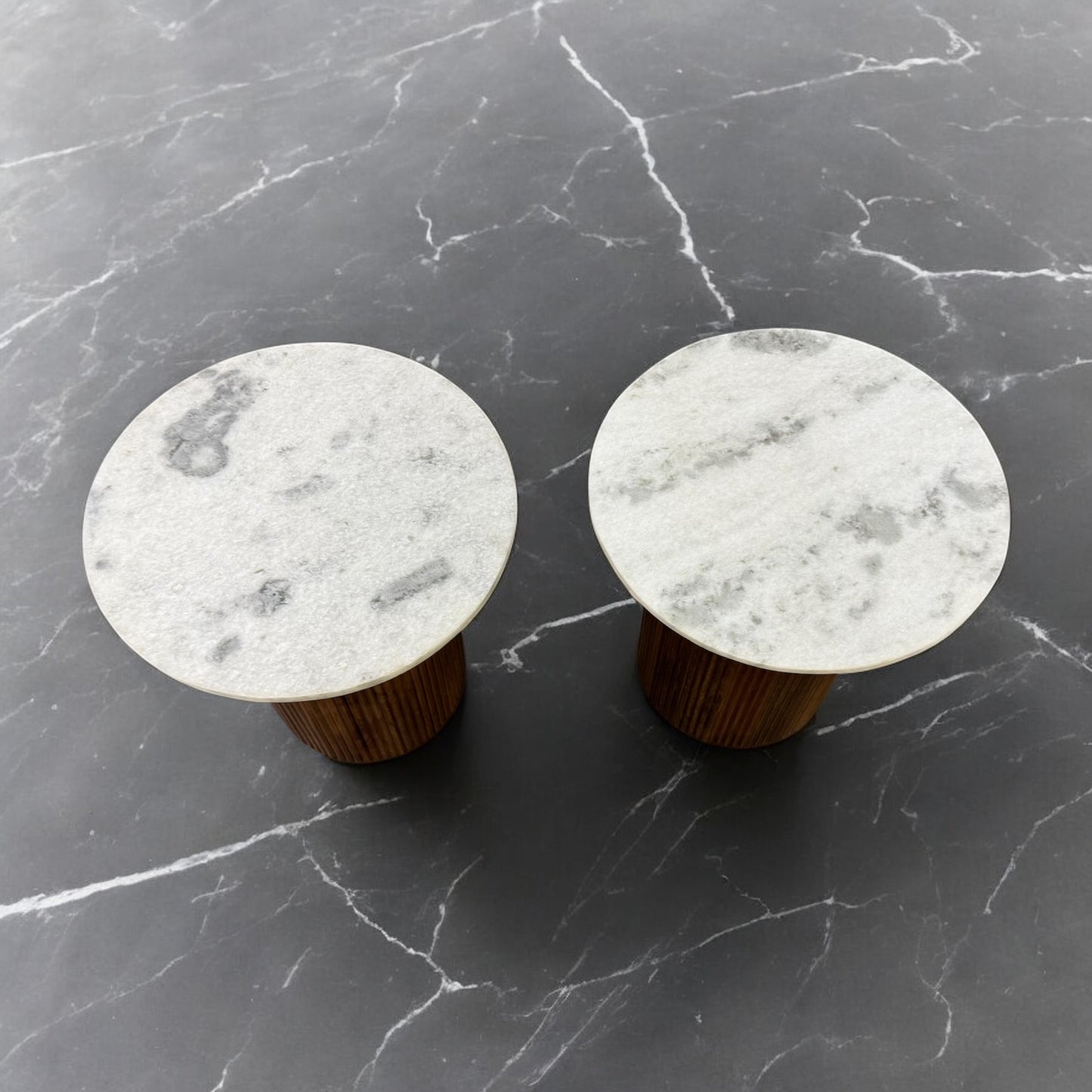 Solid Mango Wood Fluted Base & Natural White & Grey Mottled Marble Top Side Tables