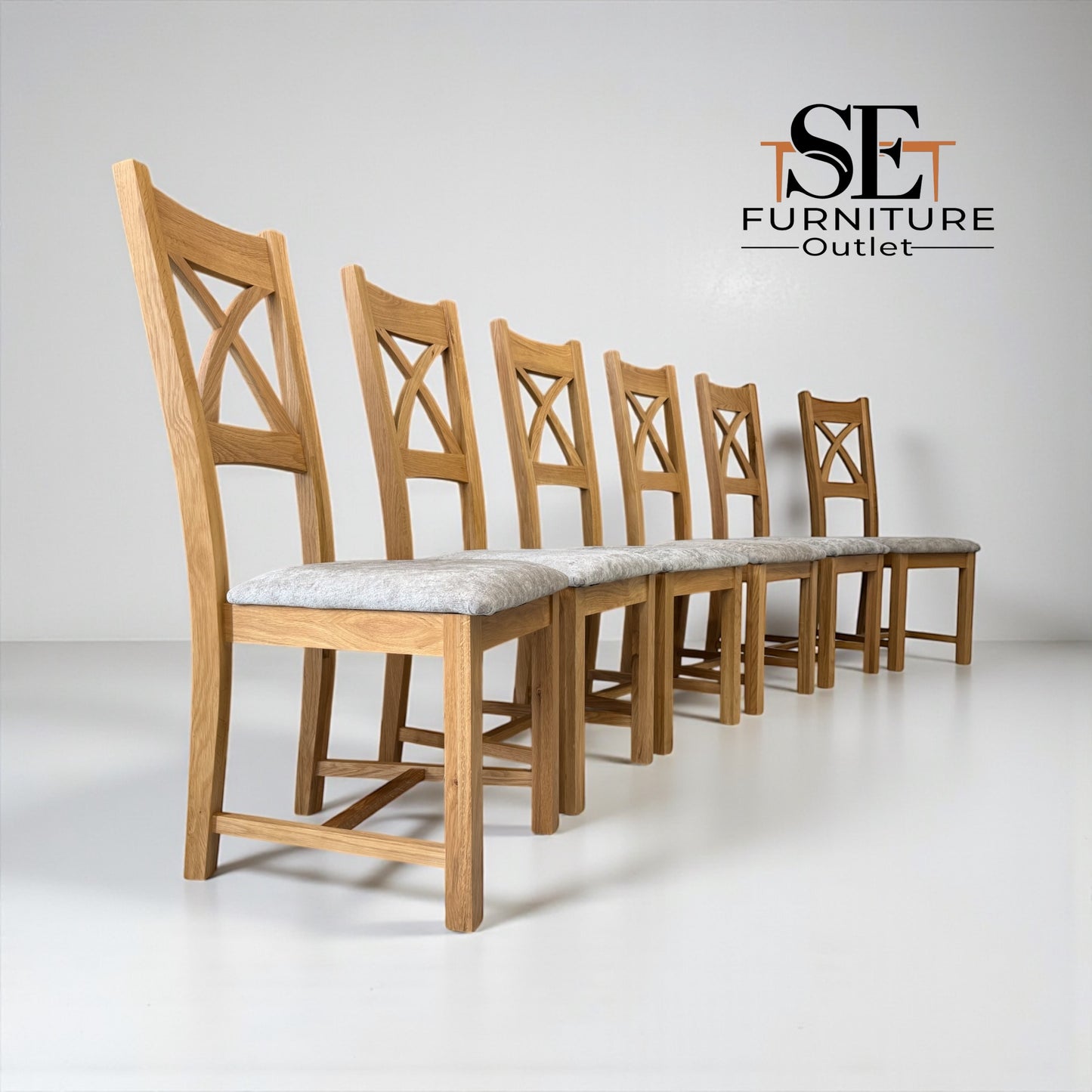 Set of 6 Cross Back Natural Oak Dining Chairs, From Oak Furnitureland RRP £200 Each