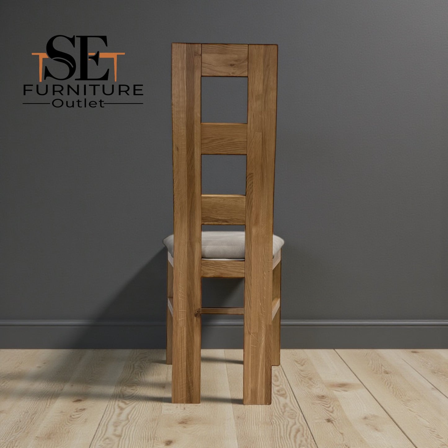 Set of 6 Natural Solid Oak Dining Chairs with Dappled Beige Fabric Seat Pads, From Oak Furnitureland RRP £200 Each