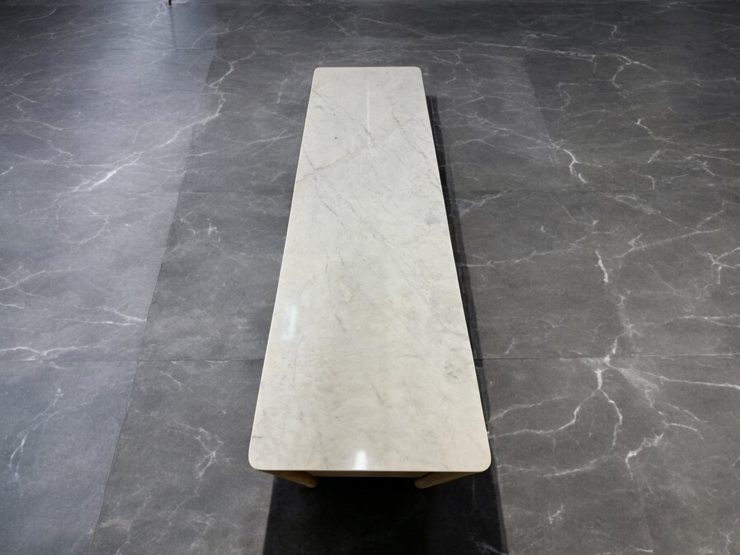 GREY WASH MANGO WOOD LARGE SIDEBOARD, WITH A STRIKING RIBBED FEATURE & A POLISHED CARRERA MARBLE TOP