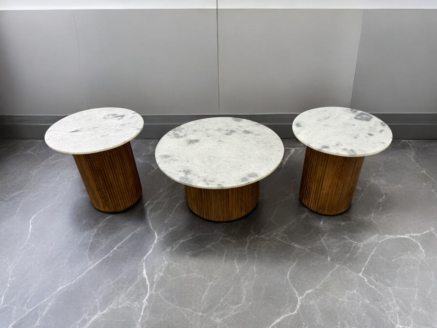 SOLID MANGO WOOD FLUTED BASE & WHITE MARBLE TOPPED COFFEE TABLE & SIDE TABLES