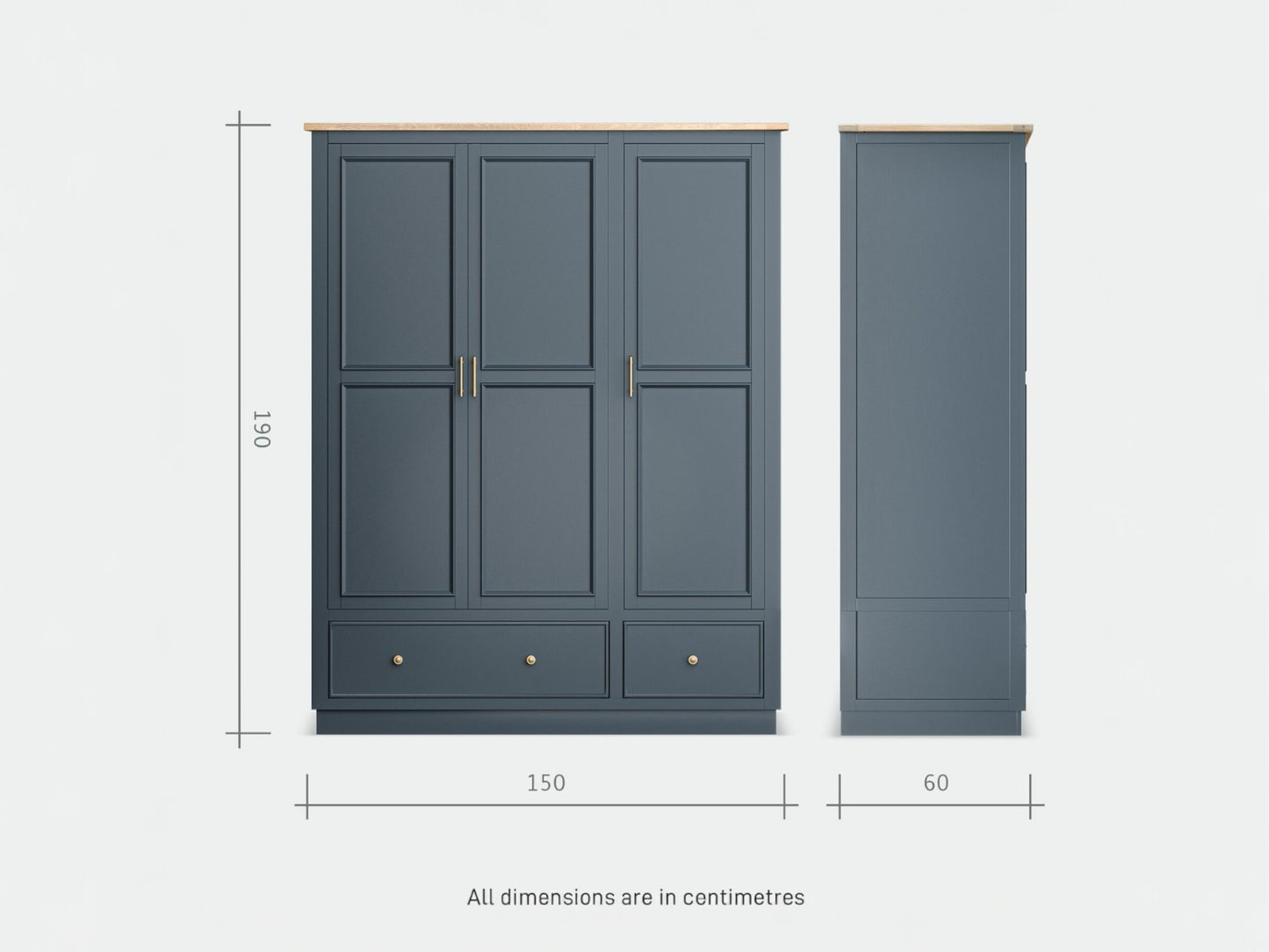Oak Furnitureland Solid Oak Top & Ink Blue Painted Acacia Wood Panels Triple Wardrobe, Richmond Range RRP £1599