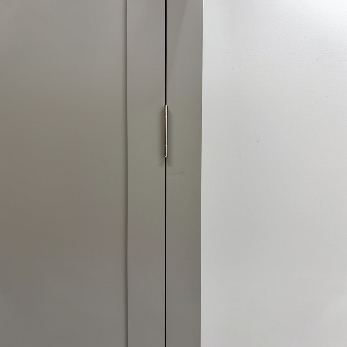 Close-up of a light gray double door with a slim gold metal hinge, set against a plain white wall.