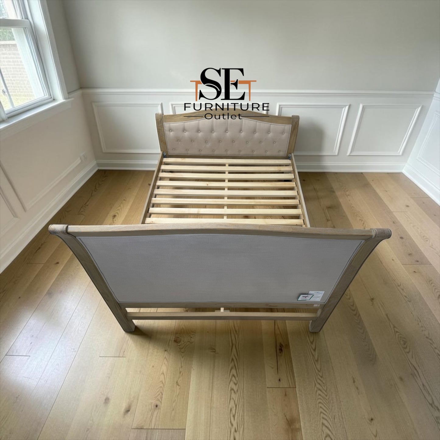 Grey-toned Limewashed Finish Solid Oak Frame Buttoned 5ft King Size Bed, Camille Range RRP £1499