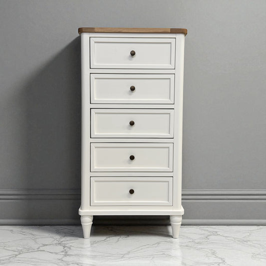 Natural Solid Oak & Acacia Wood Painted 5 Drawer Tallboy From Oak Furnitureland