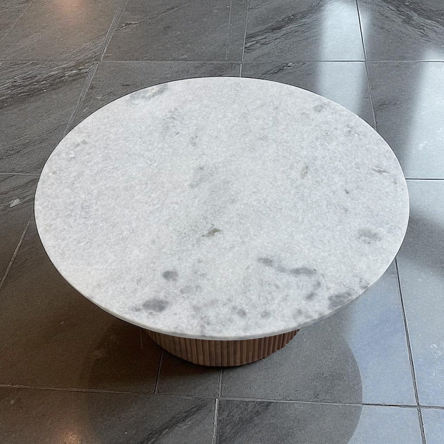 Solid Mango Wood Fluted Base & Natural White & Grey Mottled Marble Top Coffee Table