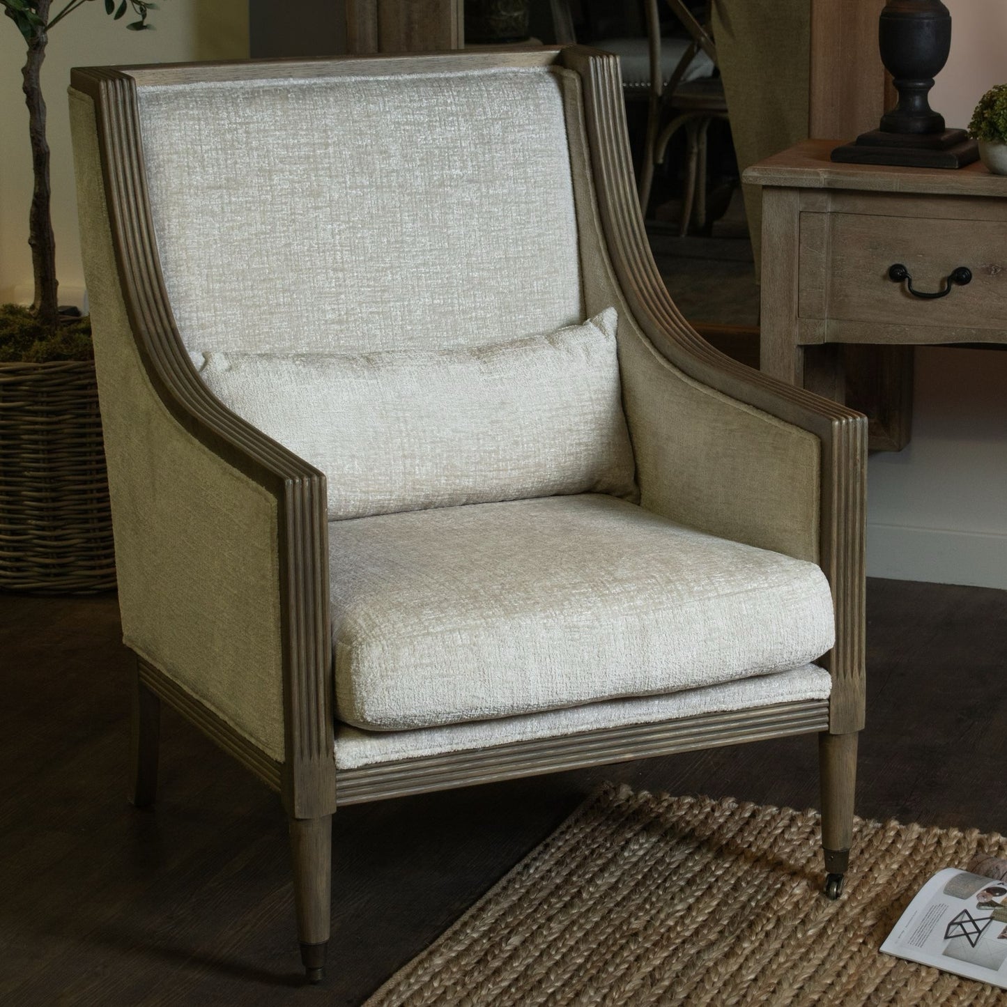 ALBURY IVORY FABRIC & WOODEN FRAME ARMCHAIR ON WHEELS