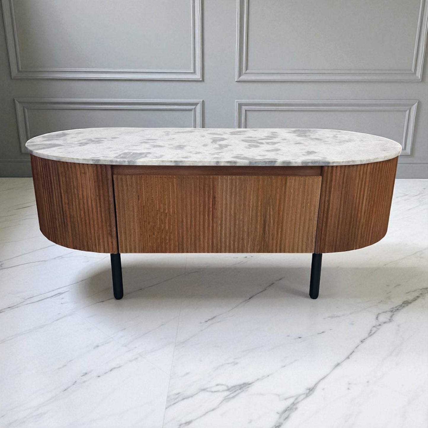 Solid Mango Wood Fluted Base & Natural White & Grey Mottled Marble Top Coffee Table