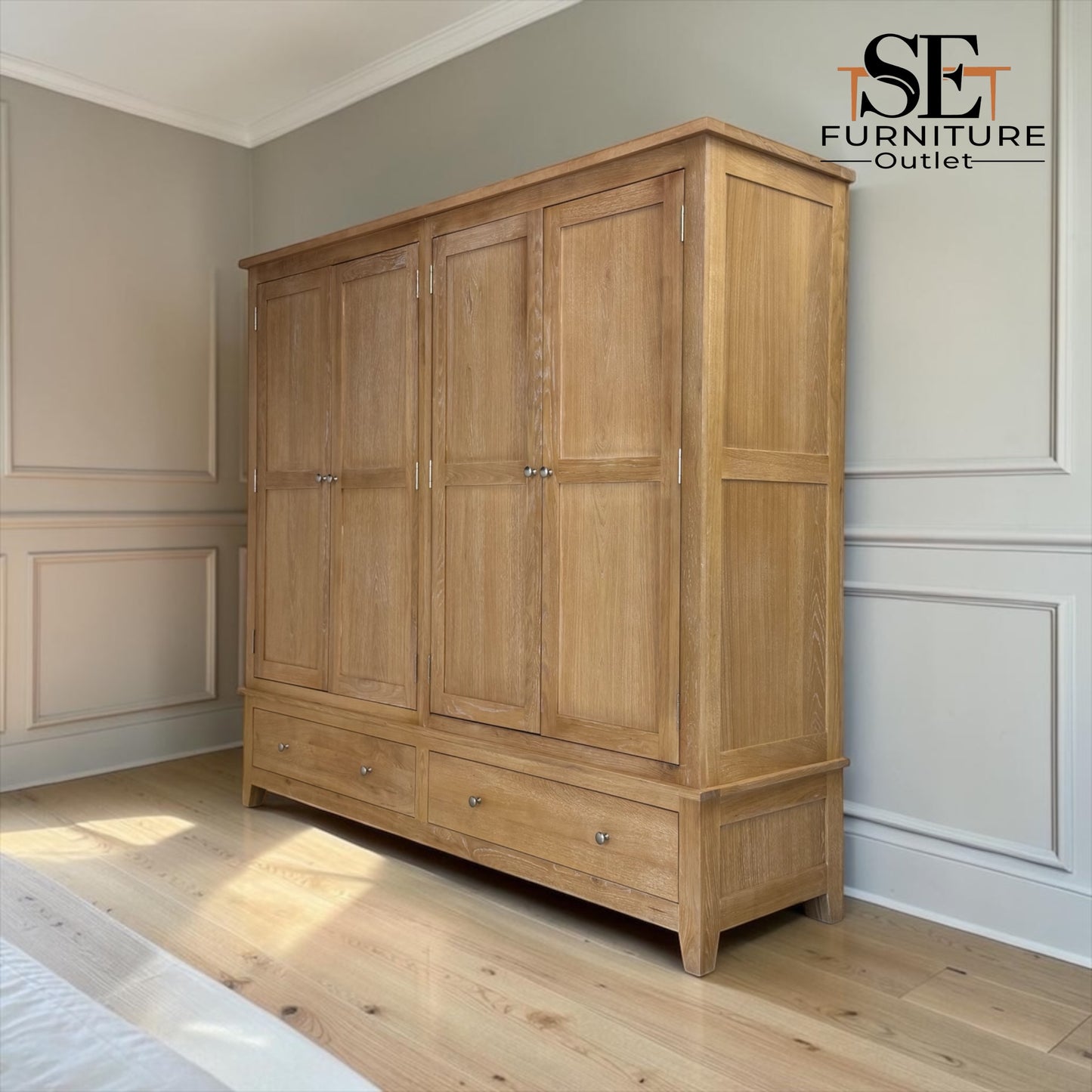 Whitewashed Finish Solid Oak & Quality Oak Veneer Quad Wardrobe, Inglesham Range, RRP £2200