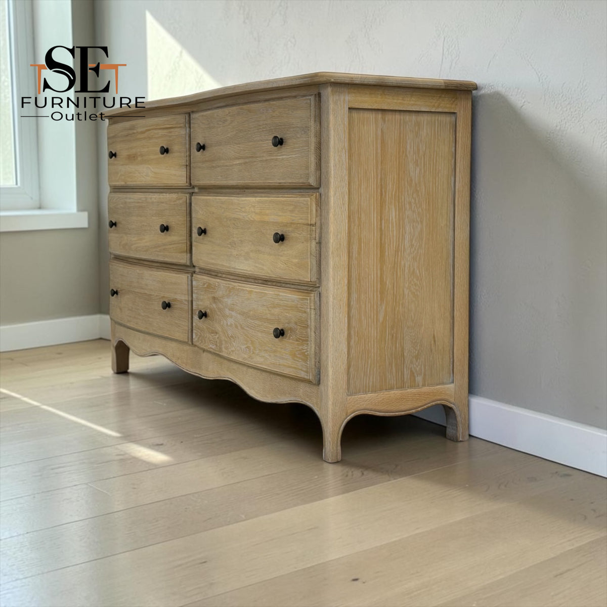 Grey-toned Limewashed Finish Solid Oak and Oak Veneer 6-Drawer Chest, Camille Range RRP £999