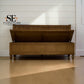 A wooden storage bench with its lid open, set against a white shiplap wall on a light wood floor. The brand logo 'SE FURNITURE OUTLET' is visible in the top left corner.

