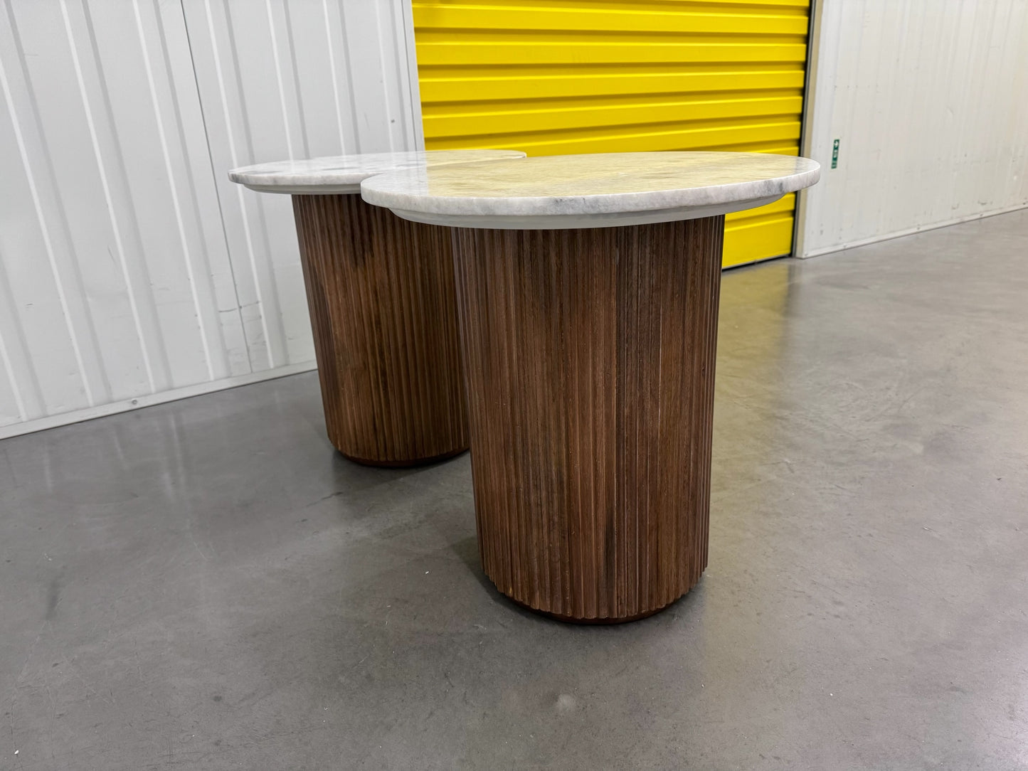 Solid Mango Wood Fluted Base & White Marble Top Side Tables