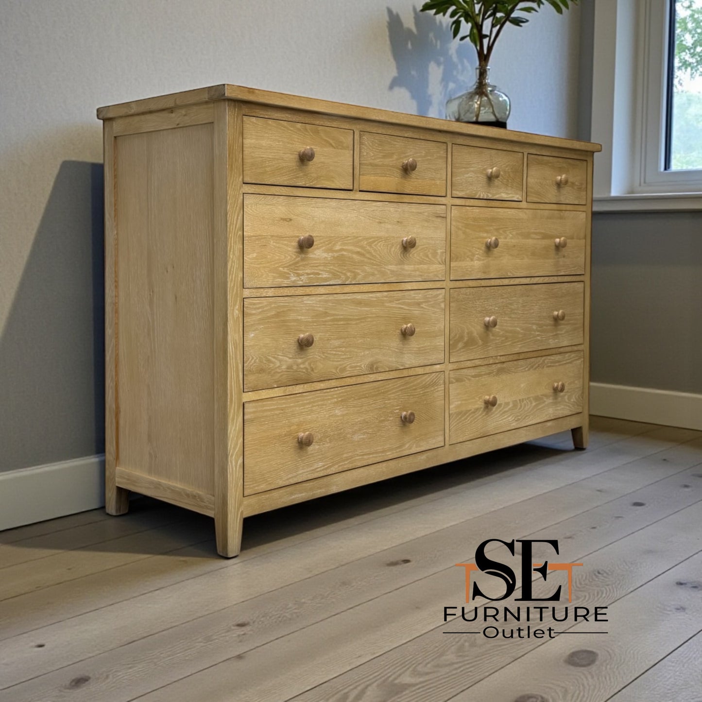 Solid Oak Frames with Oak Veneer 10-Drawer Chest in Whitewash Finish, Inglesham Range, RRP £1250