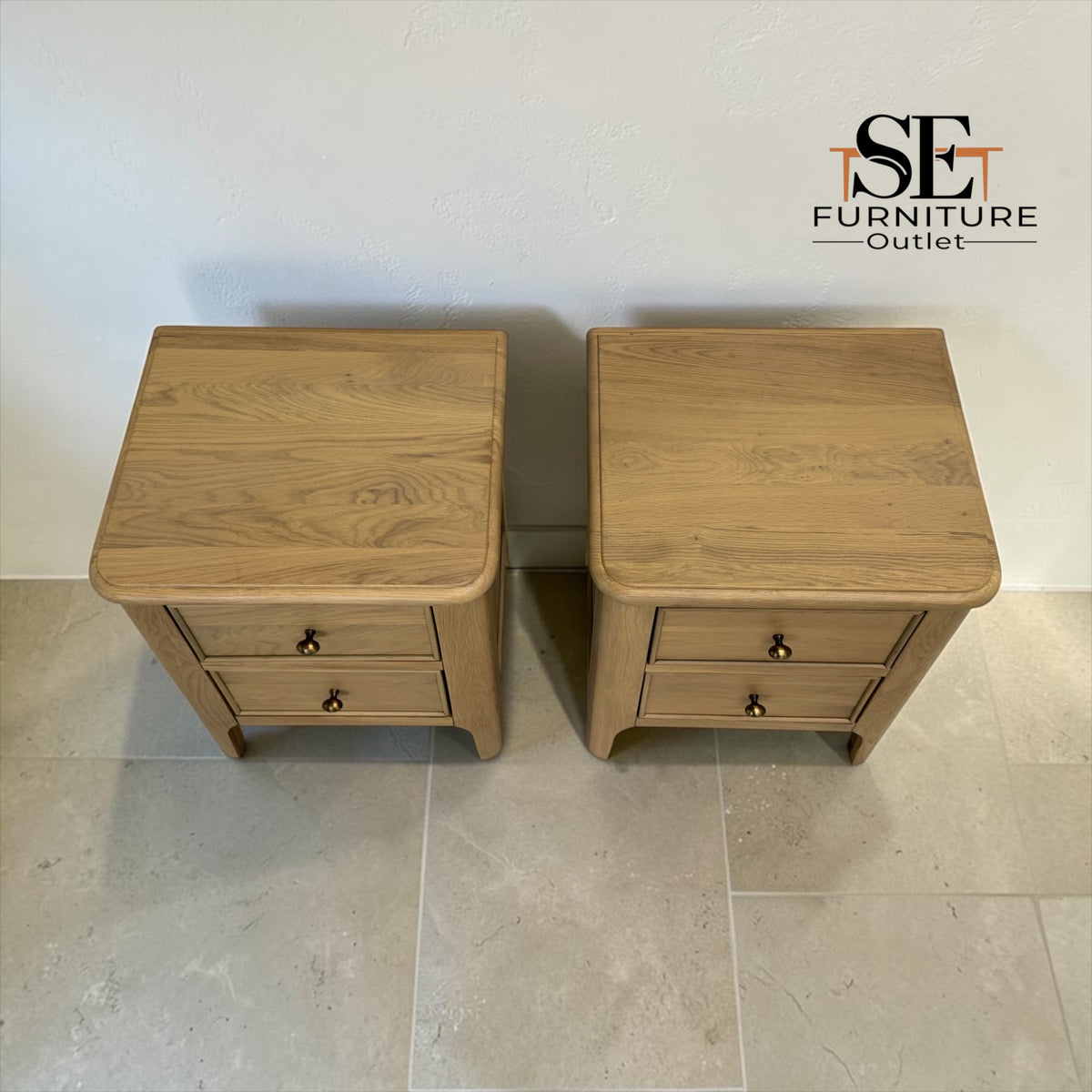 Set of 2 Light Natural Solid Oak 2-Drawer Bedside Tables, Newton Range, from Oak Furnitureland RRP £598