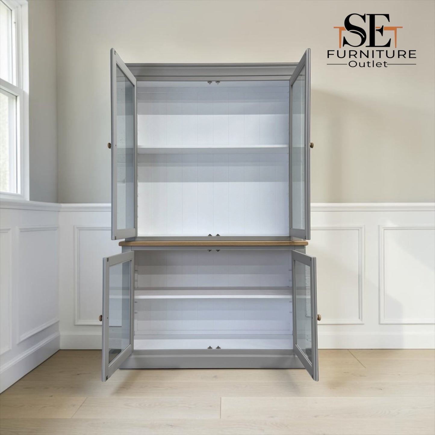 Solid Oak Top & Solid Wood Frames Large Glazed Dresser, Chester Dove Grey Range RRP £1199