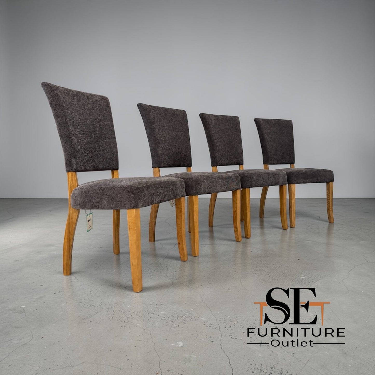 Set of 4 Natural Oak Dining Chairs, Plain Charcoal Fabric, Part of the Curve Range from Oak Furnitureland, RRP £220 each