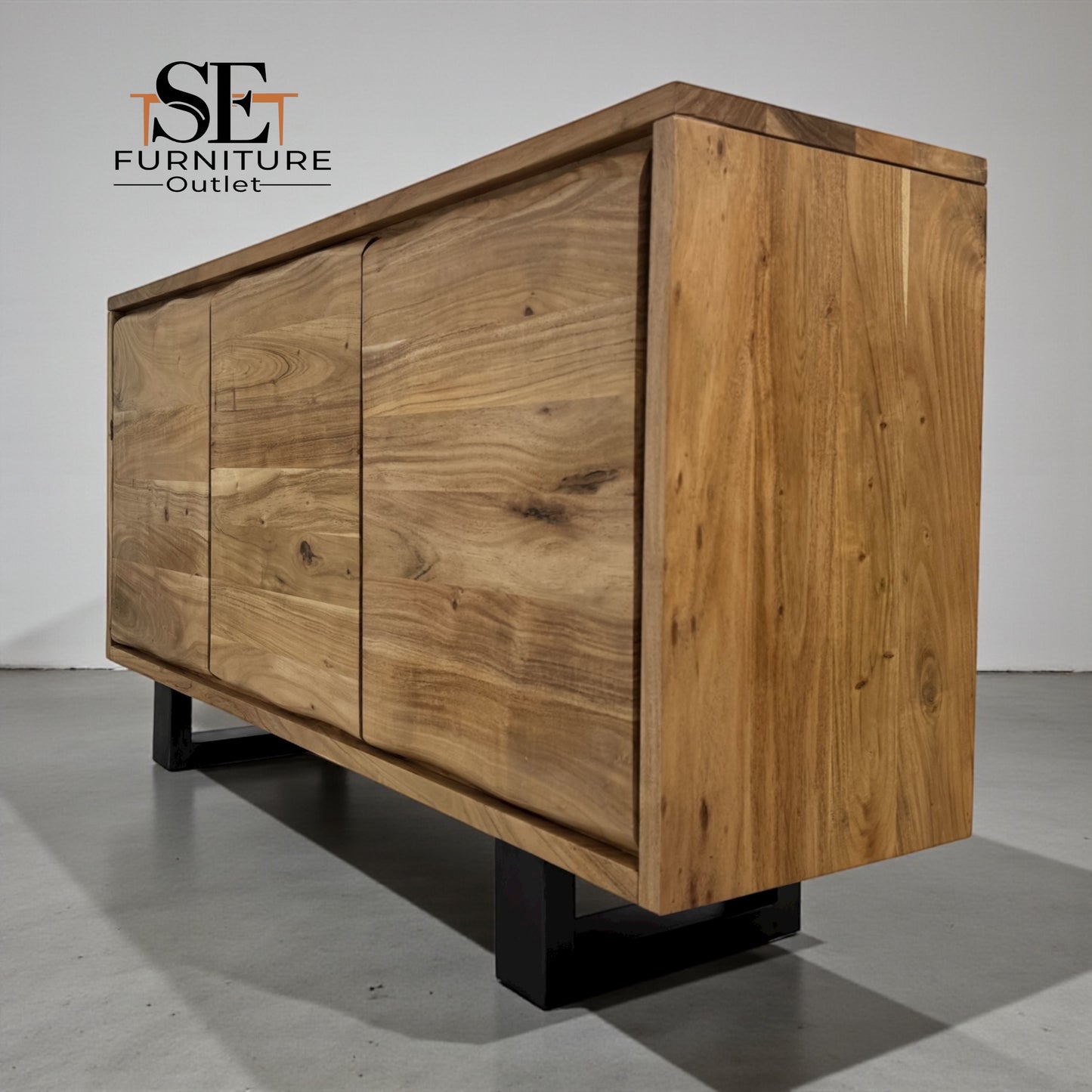 Chunky Solid Acacia Wood Live Edge 3-Door Large Sideboard with Gun Metal Legs RRP £999