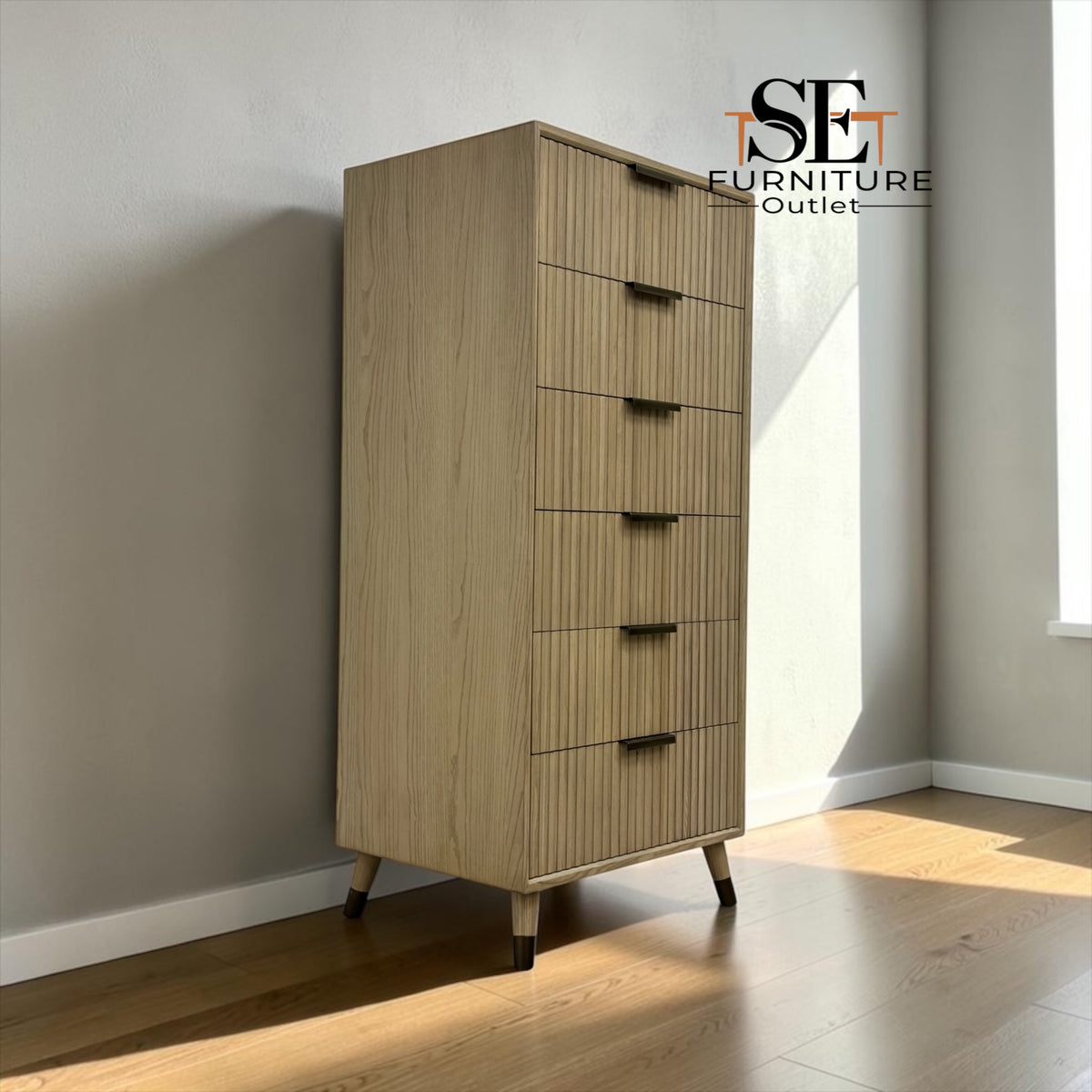 Textured Fluted Front & Brass-Plated Handles Tallboy from Oakridge Blonde Oak Range RRP £699
