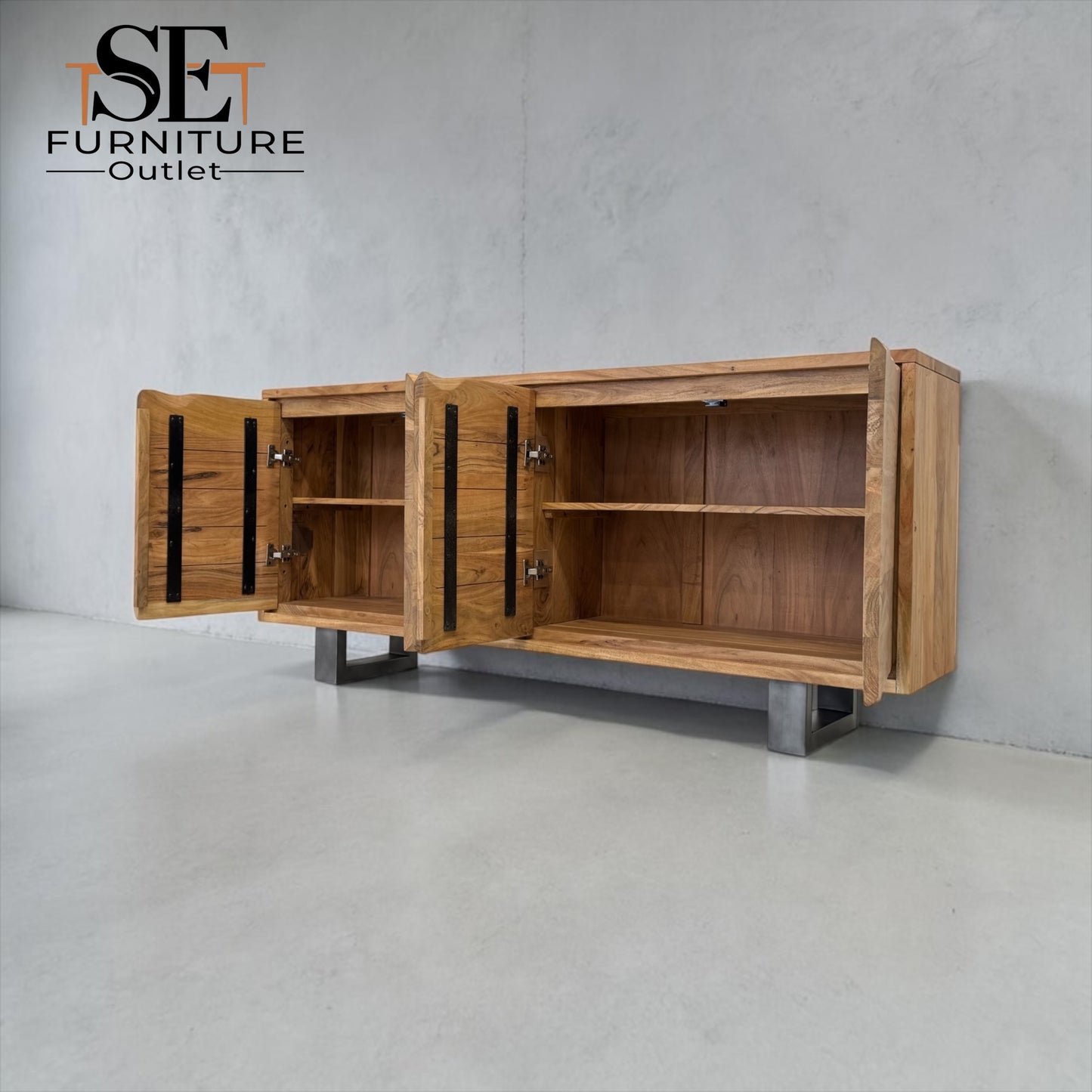 Chunky Solid Acacia Wood Live Edge 4-Door Extra Large Sideboard with Gun Metal Legs RRP £1299