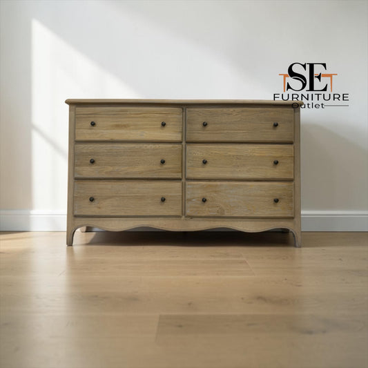 Grey-toned Limewashed Finish Solid Oak and Oak Veneer 6-Drawer Chest, Camille Range RRP £999