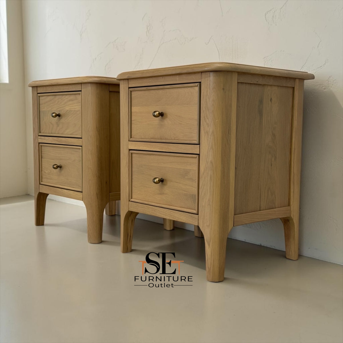 Set of 2 Light Natural Solid Oak 2-Drawer Bedside Tables, Newton Range, from Oak Furnitureland RRP £598