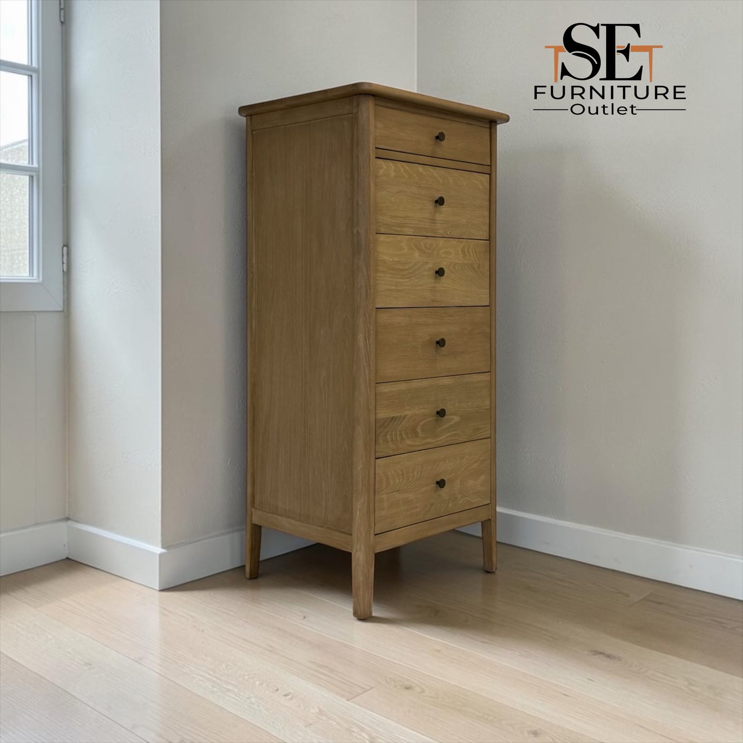 White Wax Finished Solid Oak & Oak Veneer Vanity Tallboy, Berkeley Nordic Oak Range RRP £799