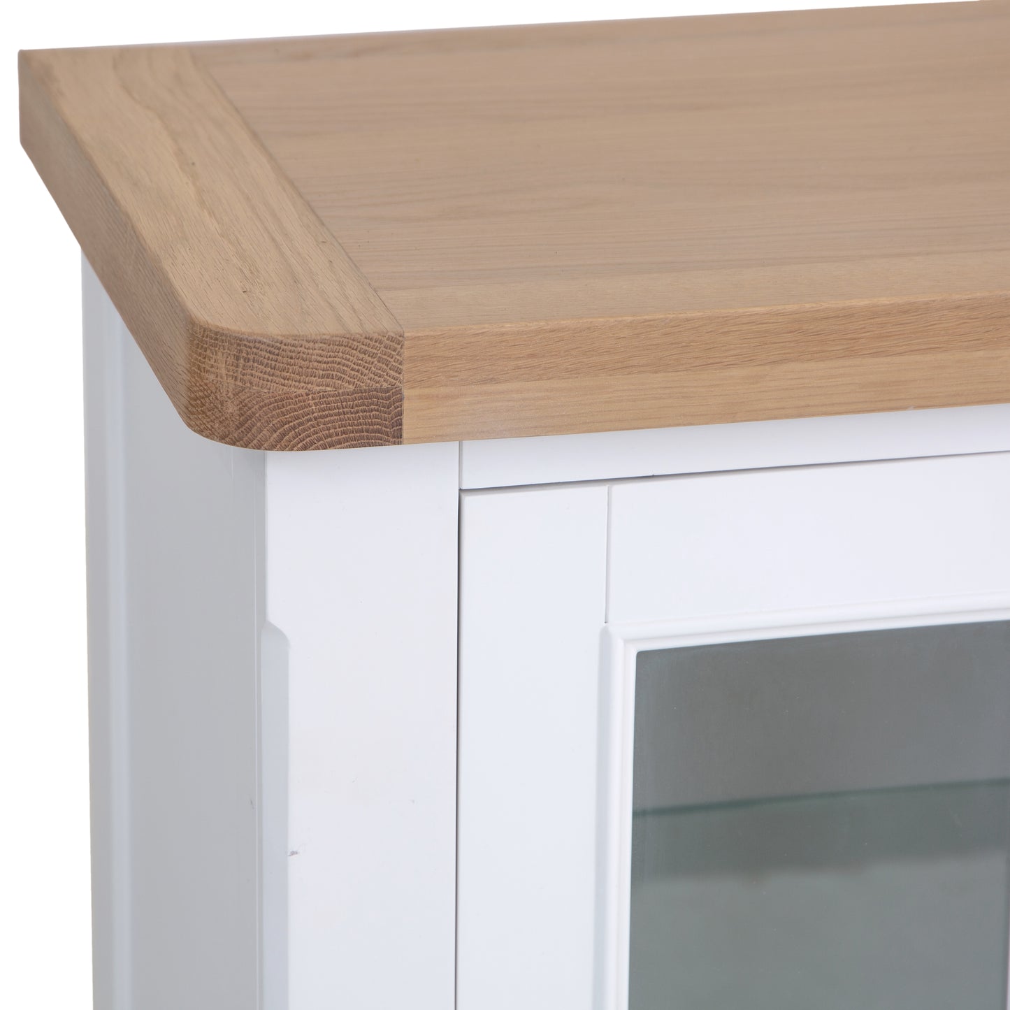 White Washed Oak Top & White Painted 4-Door Sideboard with Glass Doors and Glass Shelves