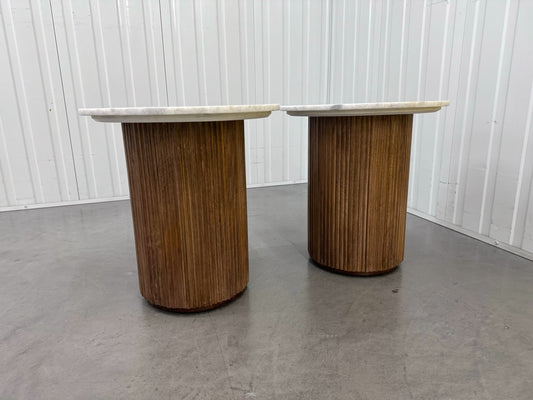 Solid Mango Wood Fluted Base & White Marble Top Side Tables