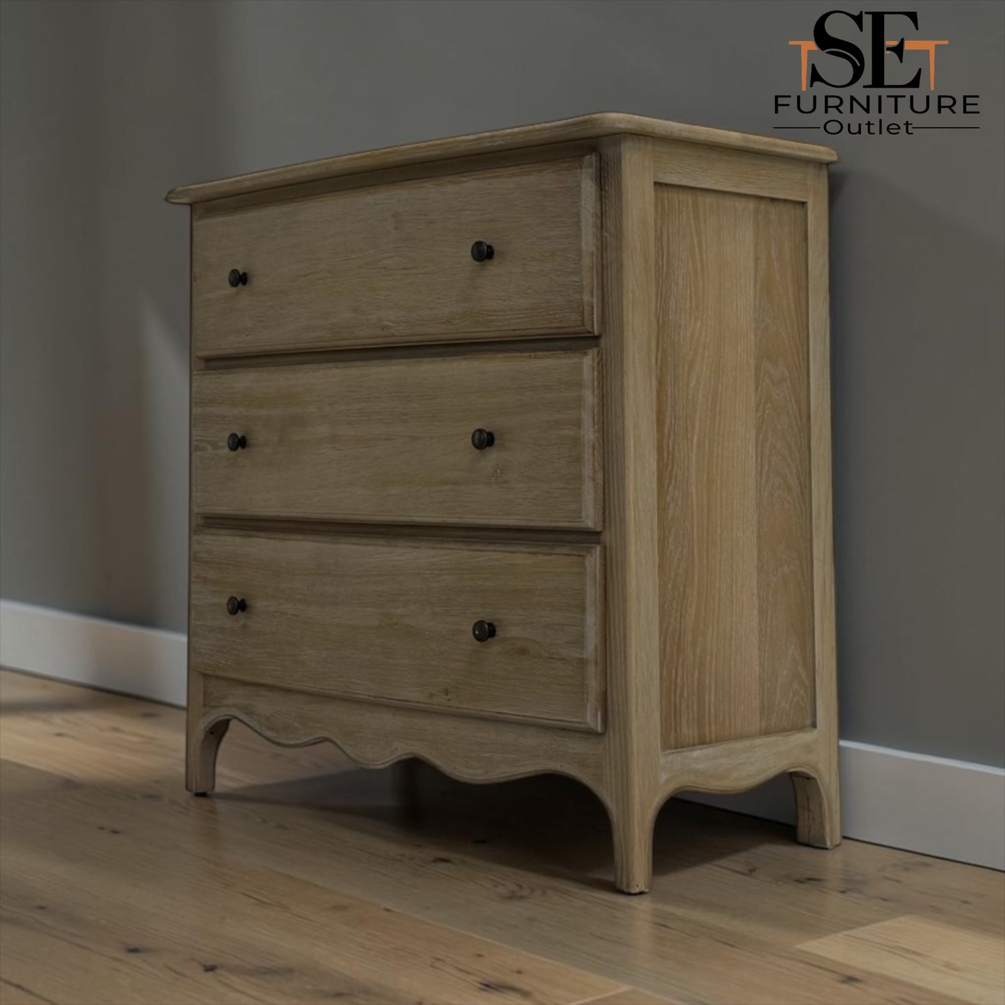 Solid Oak Frame Limewashed Finish 3 Drawer Chest, Camille Limewash Range RRP £799