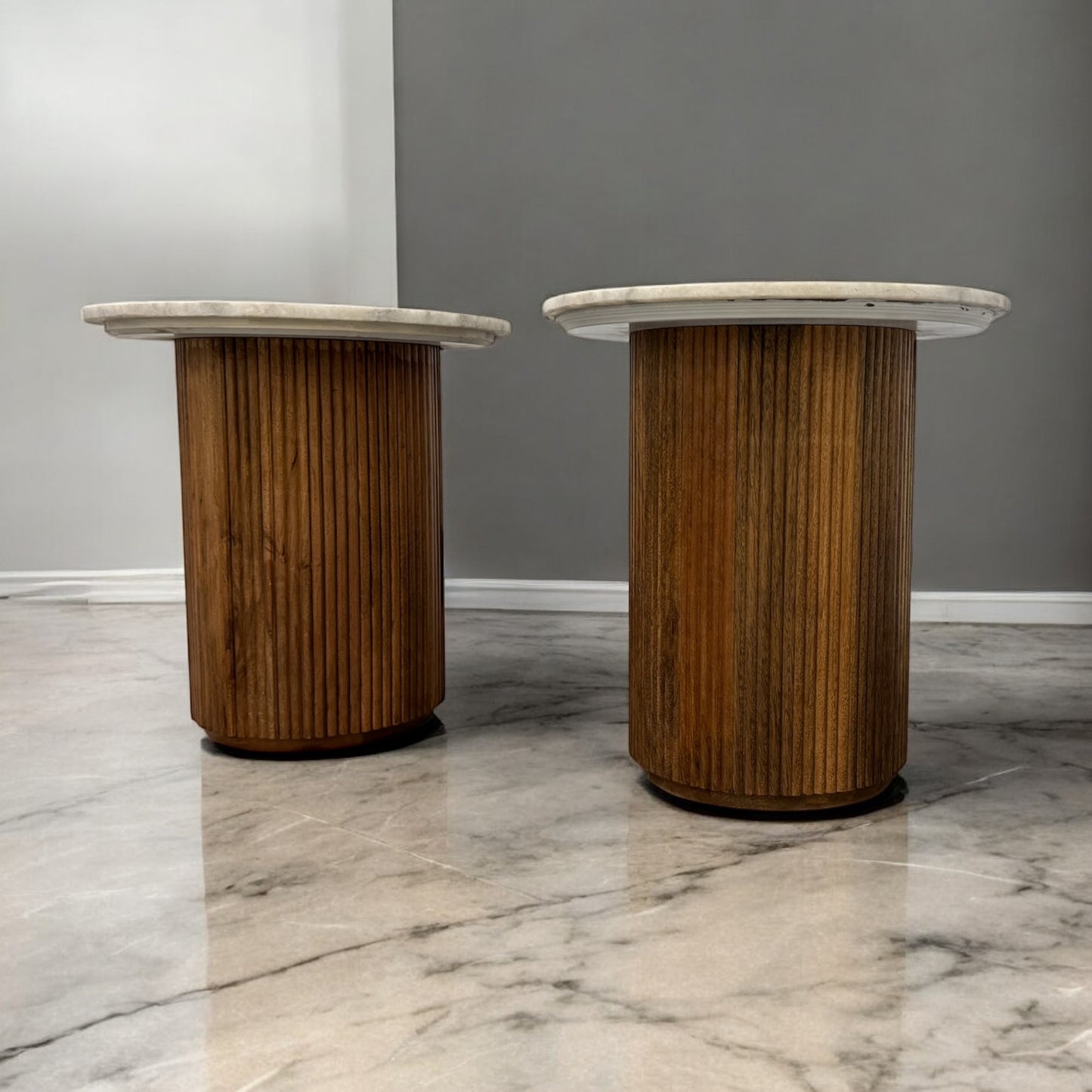 Solid Mango Wood Fluted Base & Natural White & Grey Mottled Marble Top Side Tables