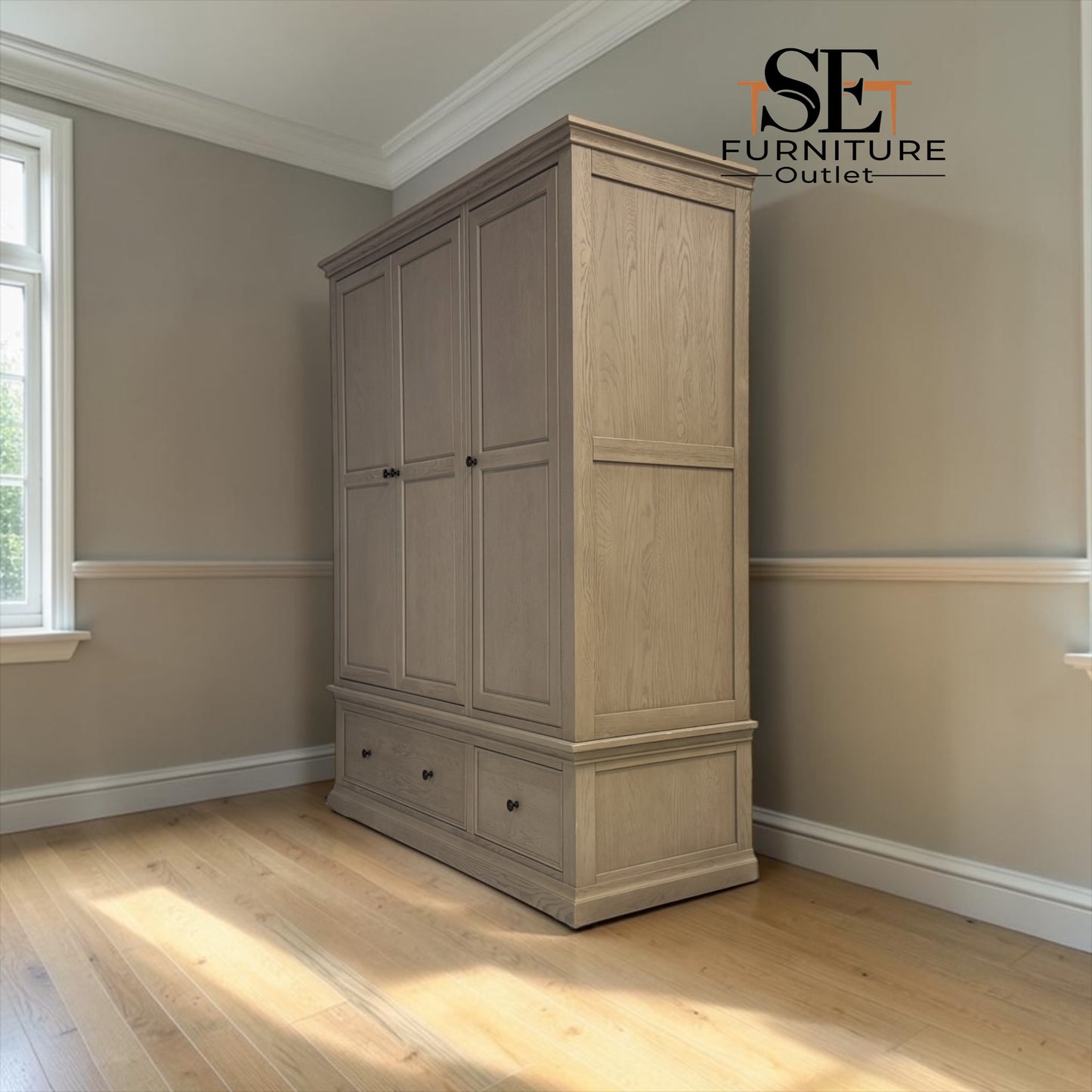 Weathered Oak Triple Wardrobe with Glass Mirror & Shelves, Burleigh Range From Oak Furnitureland RRP £1769
