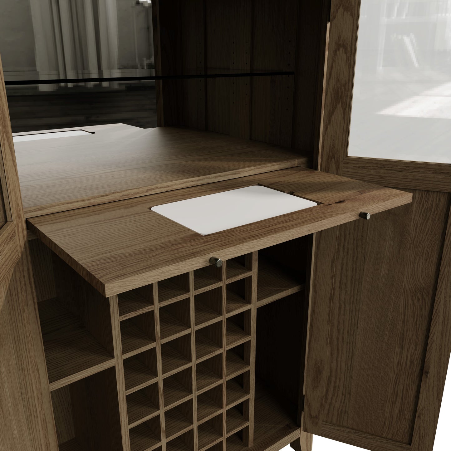 Smoked Oak Drinks Cabinet with Mirrored Back and Wine Rack