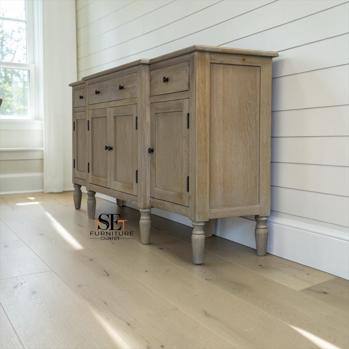 Grey-toned Limewashed Finish Solid Oak & Quality Oak Veneer Extra Large Sideboard, Camille Range, RRP £1400