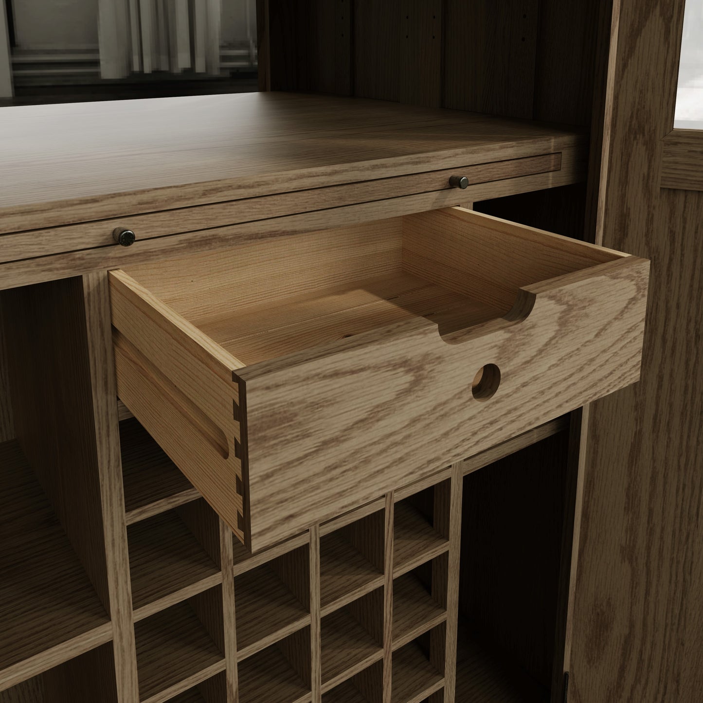 Smoked Oak Drinks Cabinet with Mirrored Back and Wine Rack