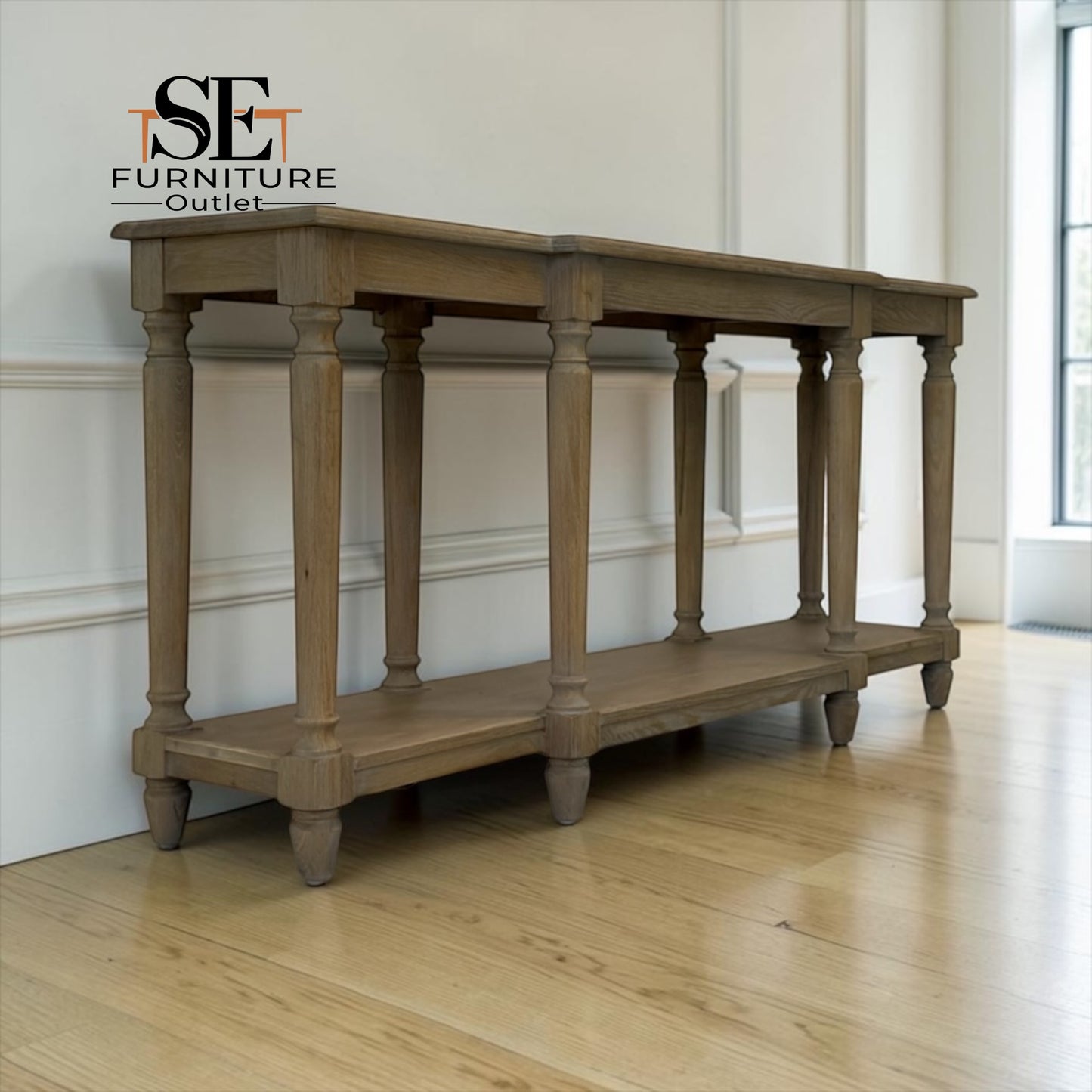Grey-toned Limewashed Finish Solid Oak & High-Quality Oak Veneer Large Console Table, Camille Range, RRP £899