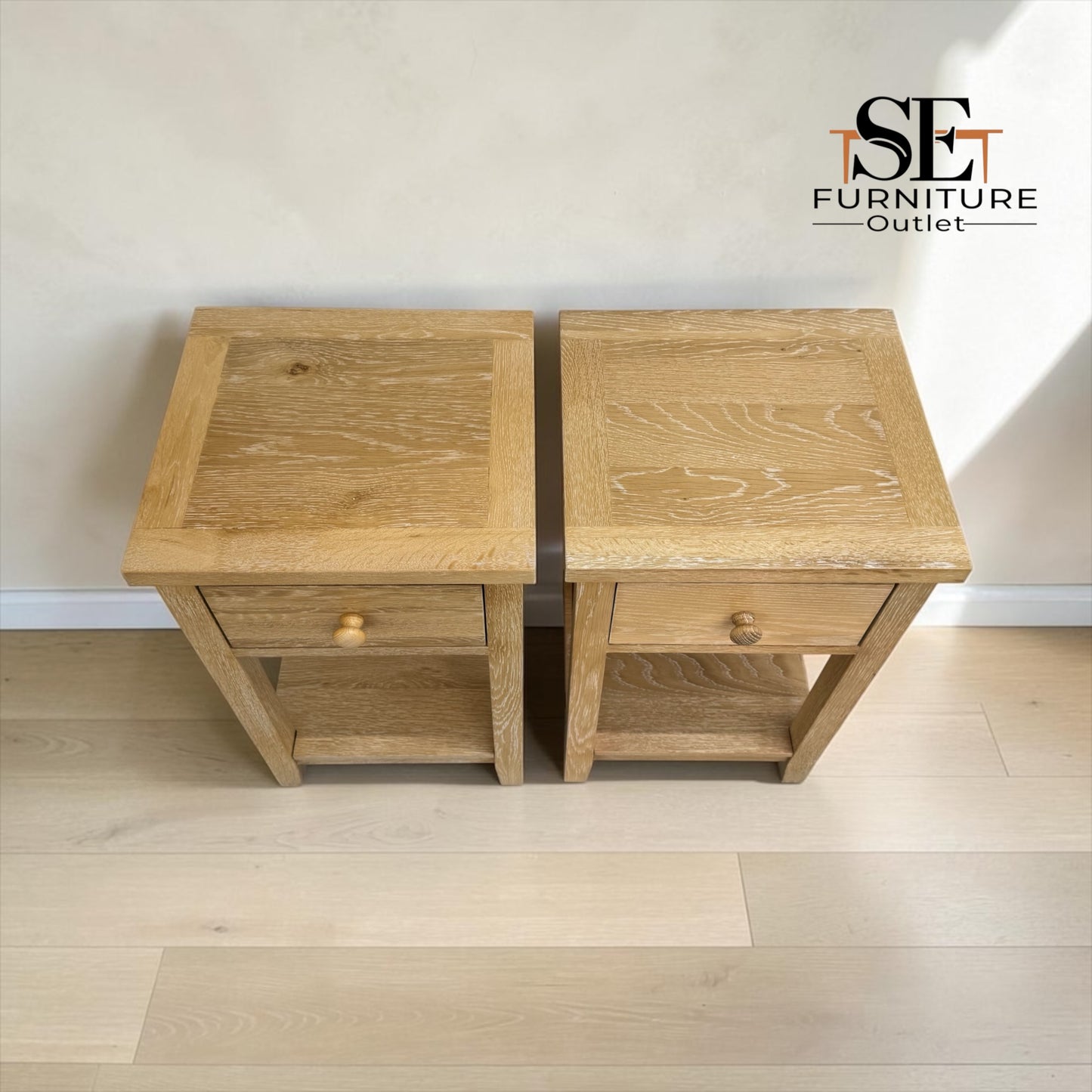 Set of 2 Whitewashed Finish Solid Oak & Oak Veneer 1 Drawer Bedside Tables, Inglesham Range RRP £398