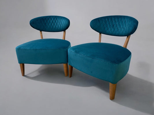 Pair Of Sea Green Velvet Fabric Casual Chairs With Solid Oak Frame