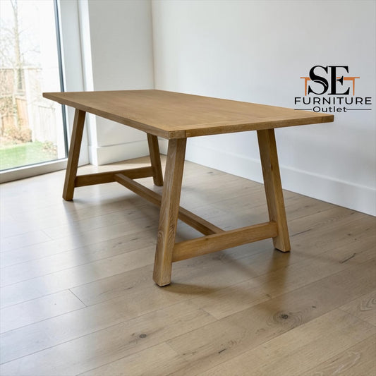 Solid Oak & Quality Oak Veneer 6 Seater Trestle Dining Table with Whitewash Finished, Inglesham Range RRP £699