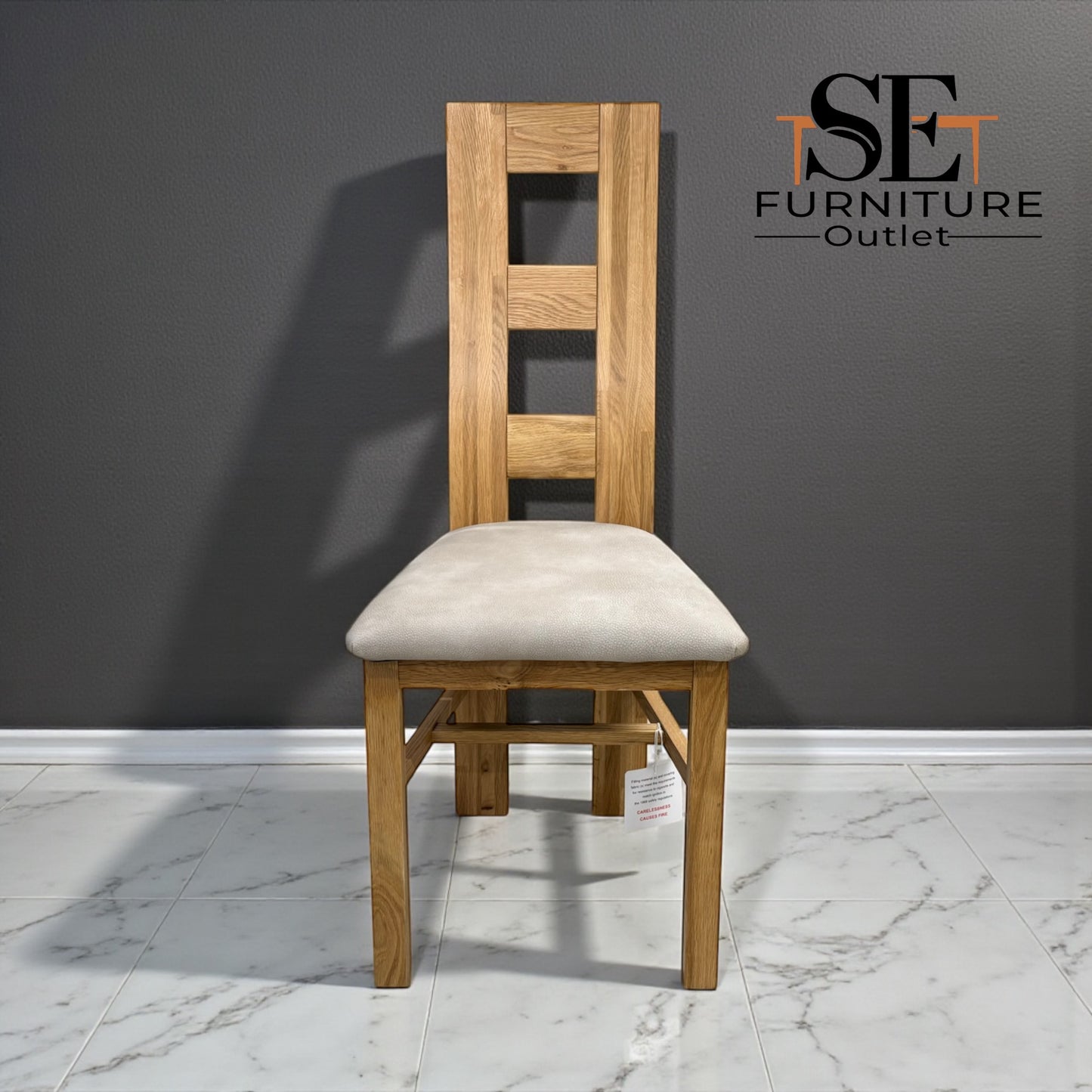 Set of 6 Natural Solid Oak Dining Chairs with Dappled Beige Fabric Seat Pads, From Oak Furnitureland RRP £200 Each