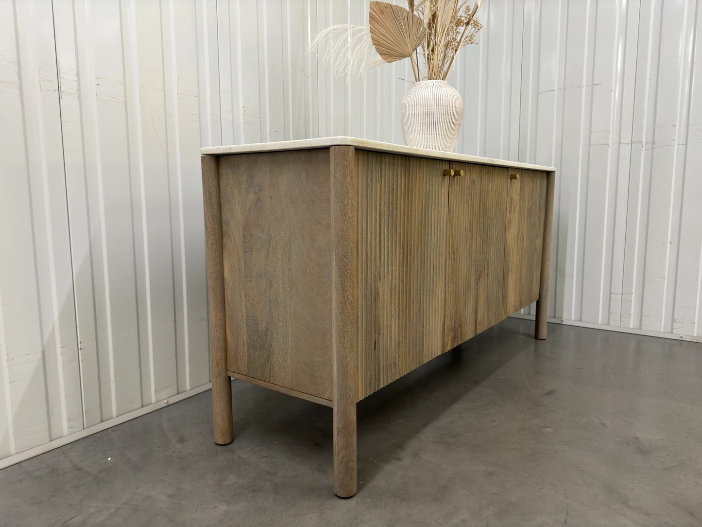 SOLID MANGO WOOD LARGE SIDEBOARD, WITH A STRIKING RIBBED FEATURE & A POLISHED CARRERA MARBLE TOP