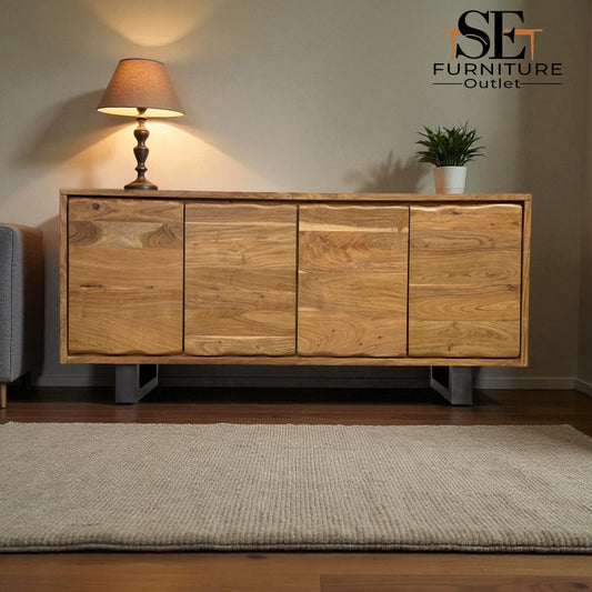 Chunky Solid Acacia Wood Live Edge 4-Door Extra Large Sideboard with Gun Metal Legs RRP £1299