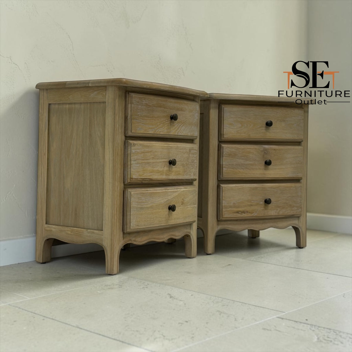 Grey-toned Limewashed Finish Solid Oak & High-Quality Oak Veneer Bedside Tables, Camille Range RRP £799