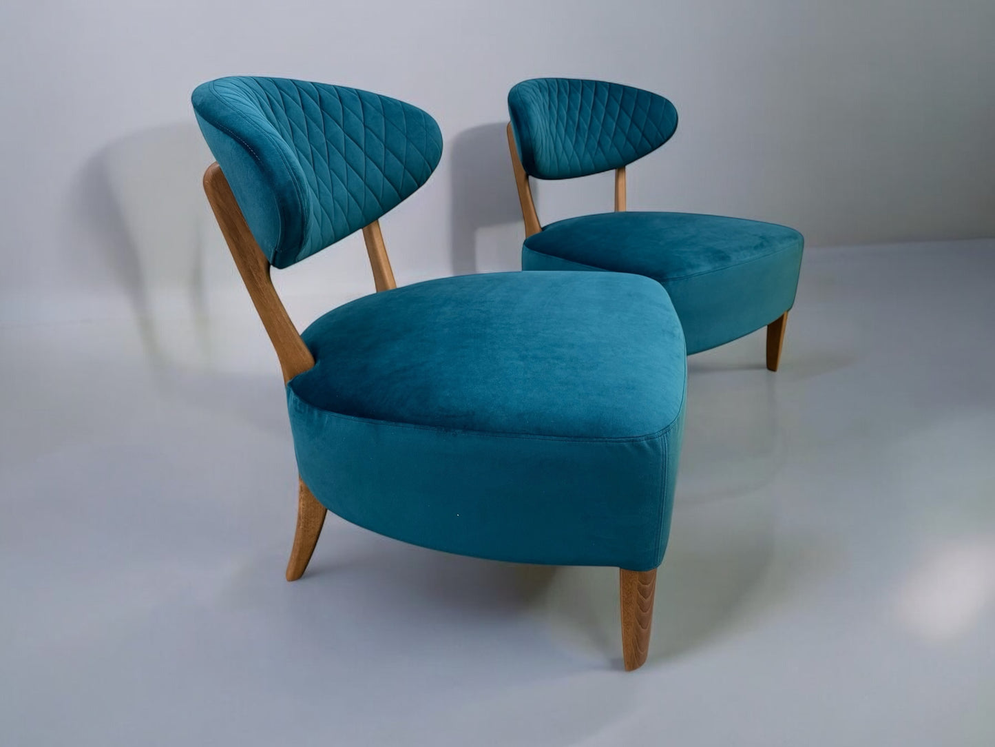 Pair Of Sea Green Velvet Fabric Casual Chairs With Solid Oak Frame