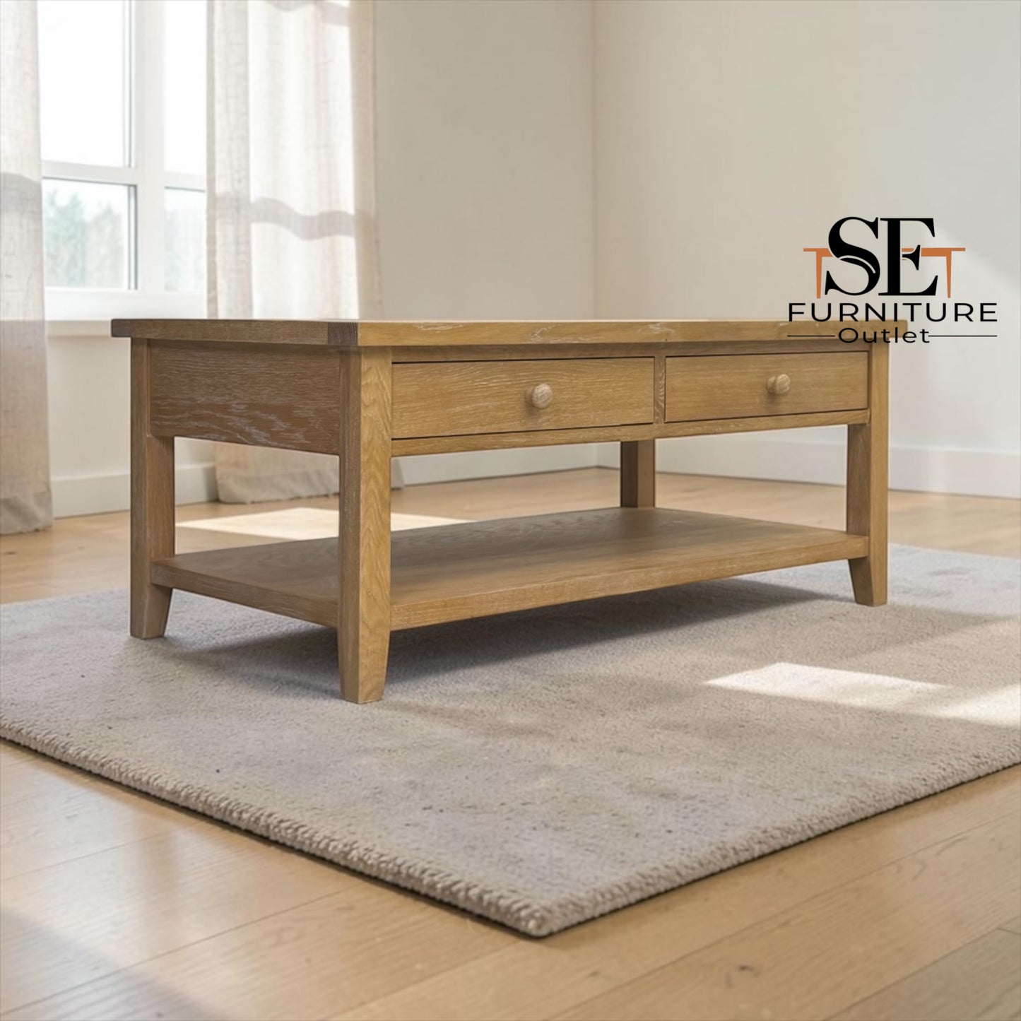 Whitewashed Finish Solid Oak & Oak Veneer Coffee Table with Drawers, Inglesham Range RRP £499