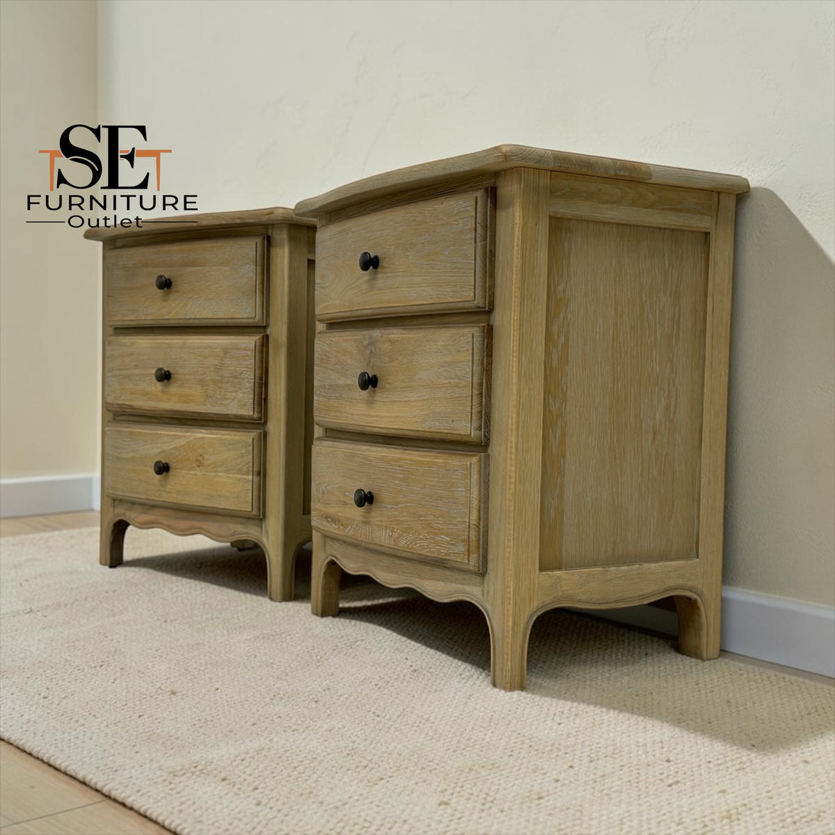 Grey-toned Limewashed Finish Solid Oak & High-Quality Oak Veneer Bedside Tables, Camille Range RRP £799