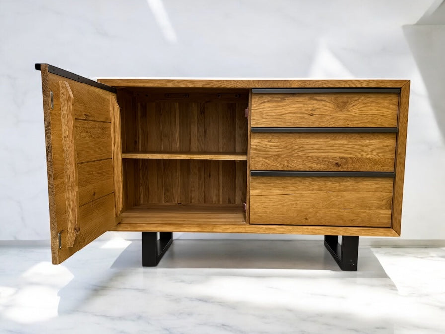 Natural Solid Oak & Metal Small Sideboard, Maine Range From Oak Furnitureland RRP £529
